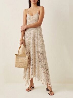 Open Crotchet Halter Maxi Dress H&M Boho Cream Women’s Size 6 Hippie Festival
